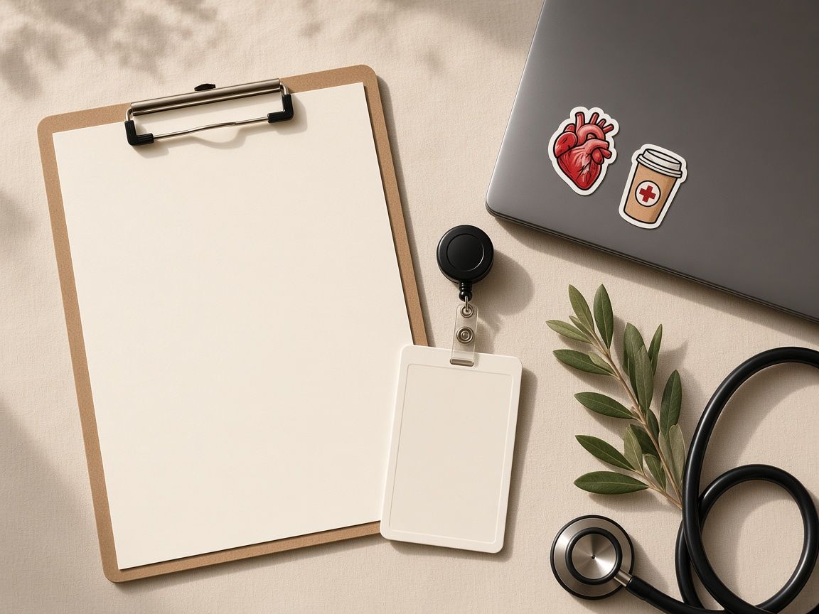 Clipboard, blank badge reel, and the corner of a laptop with small medical stickers on a linen table